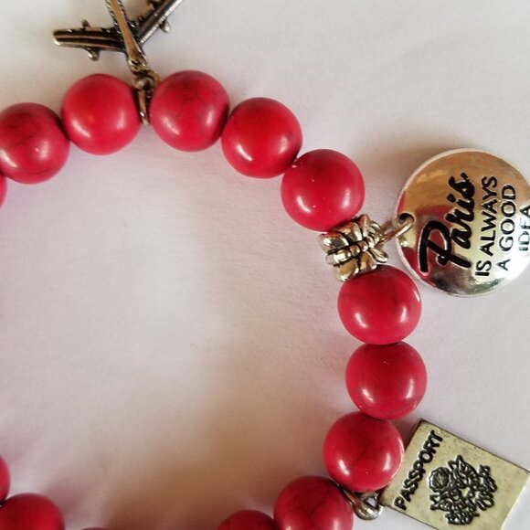 Hand Crafted Paris Red Gemstone Charm Bracelet 6.25" Stretch - Picture 3 of 9